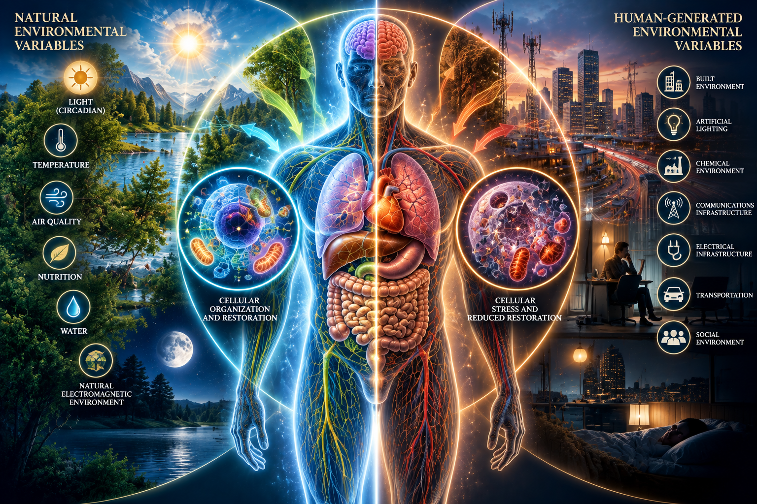 Restoration Science illustration showing how natural and human-generated environmental variables may influence biological conditions and restorative processes.