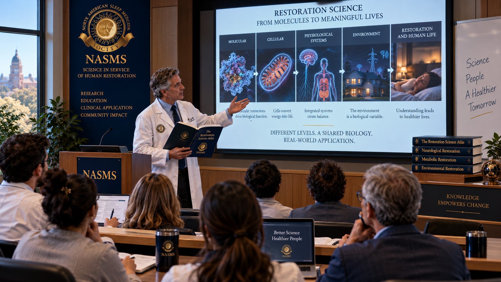 NASMS physician teaching Restoration Science to an audience, using the Restoration Science Atlas to connect molecular and cellular biology, physiological systems, environmental influences, sleep, and human restoration.
