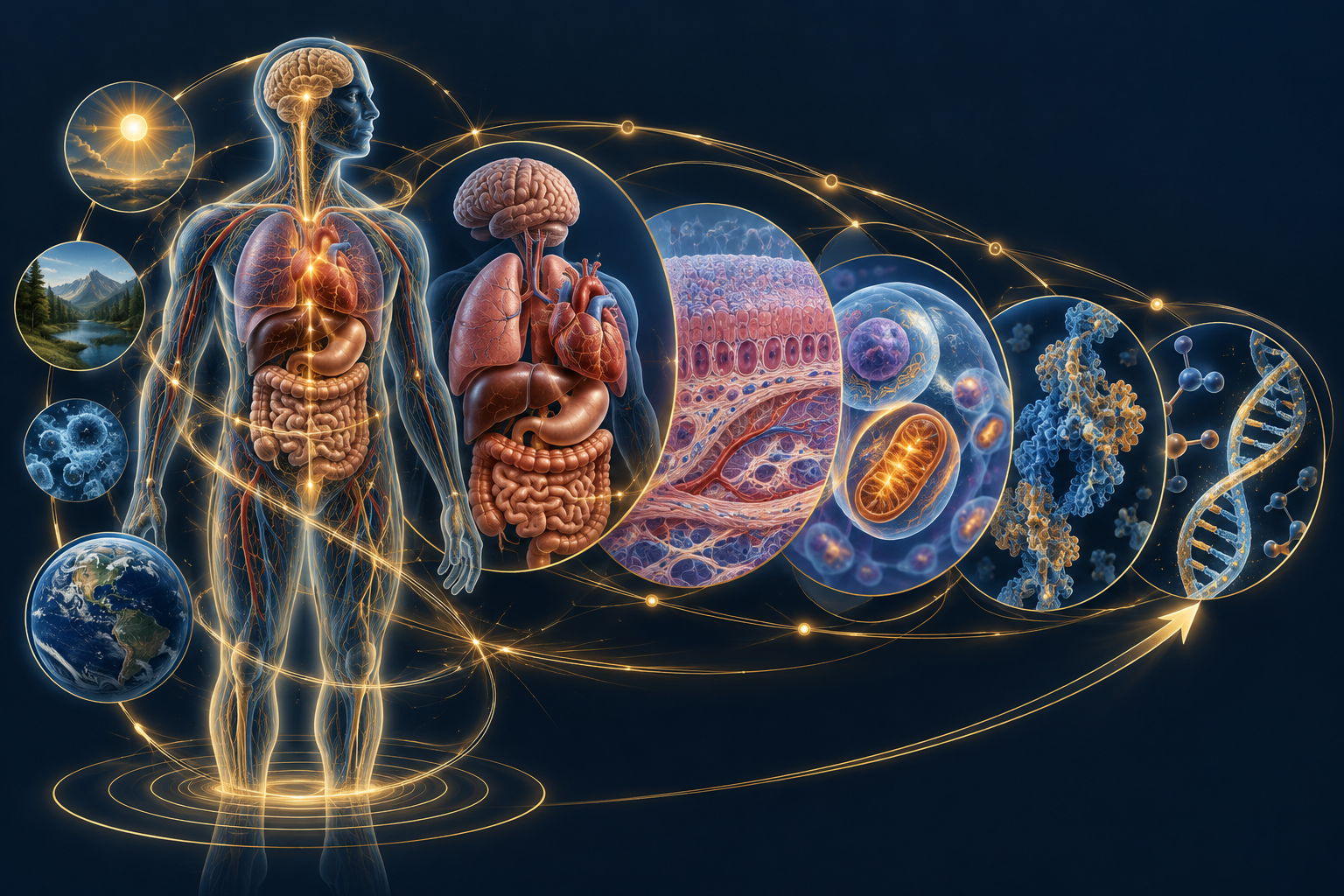 Human biological systems interacting with natural environmental factors across molecular, cellular, tissue, organ, and organismal levels.