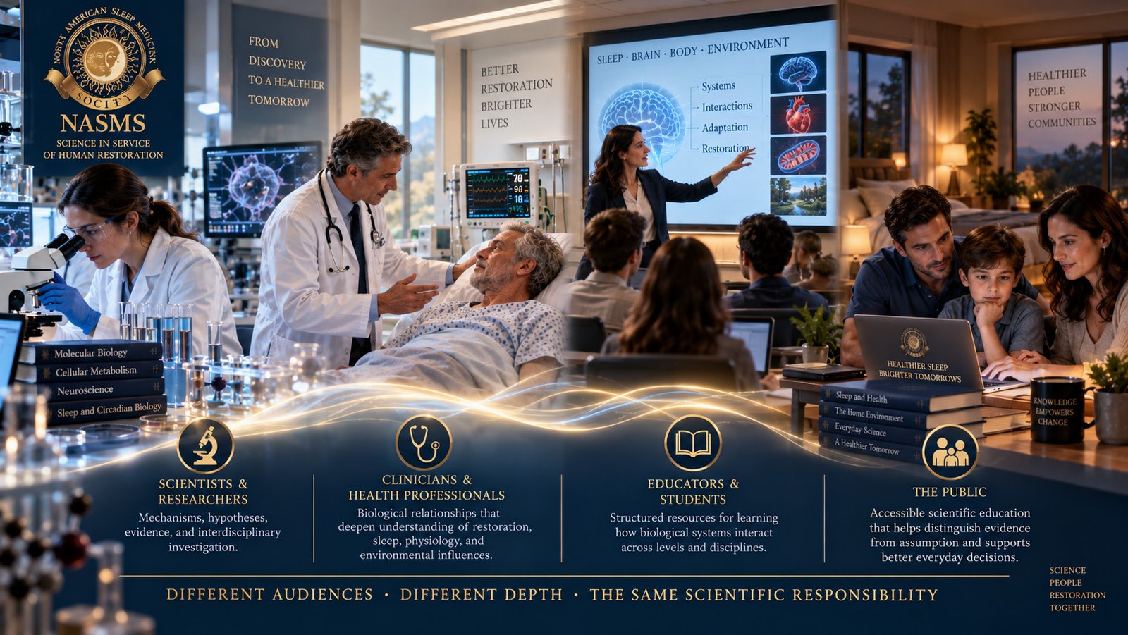 NASMS educational pathway connecting scientific research, clinical medicine, classroom education, and public learning to show how Restoration Science reaches different audiences.