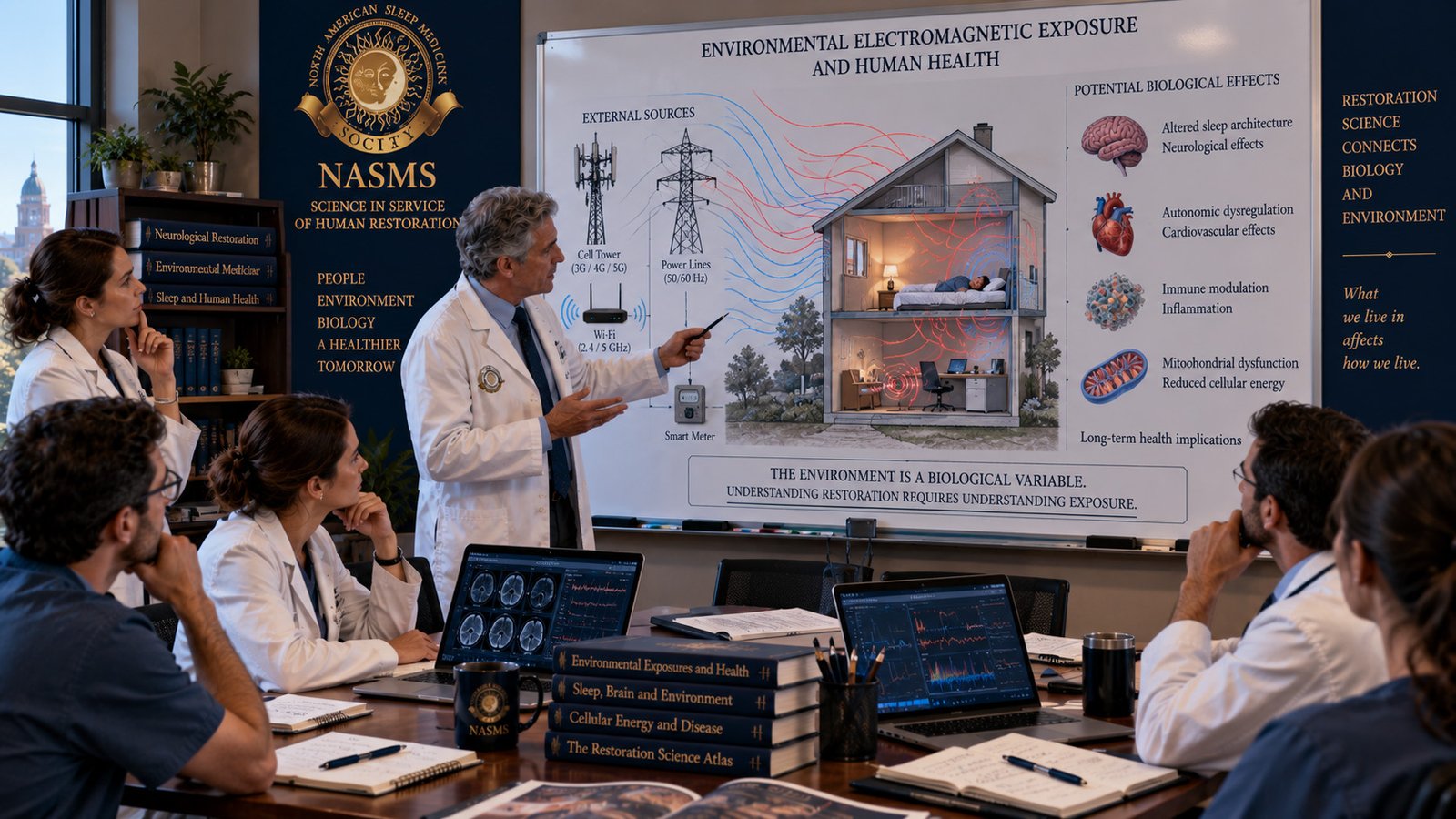 NASMS physicians examining environmental electromagnetic exposure, showing power lines, wireless sources, and electric fields entering a home while discussing potential biological effects and human restoration.