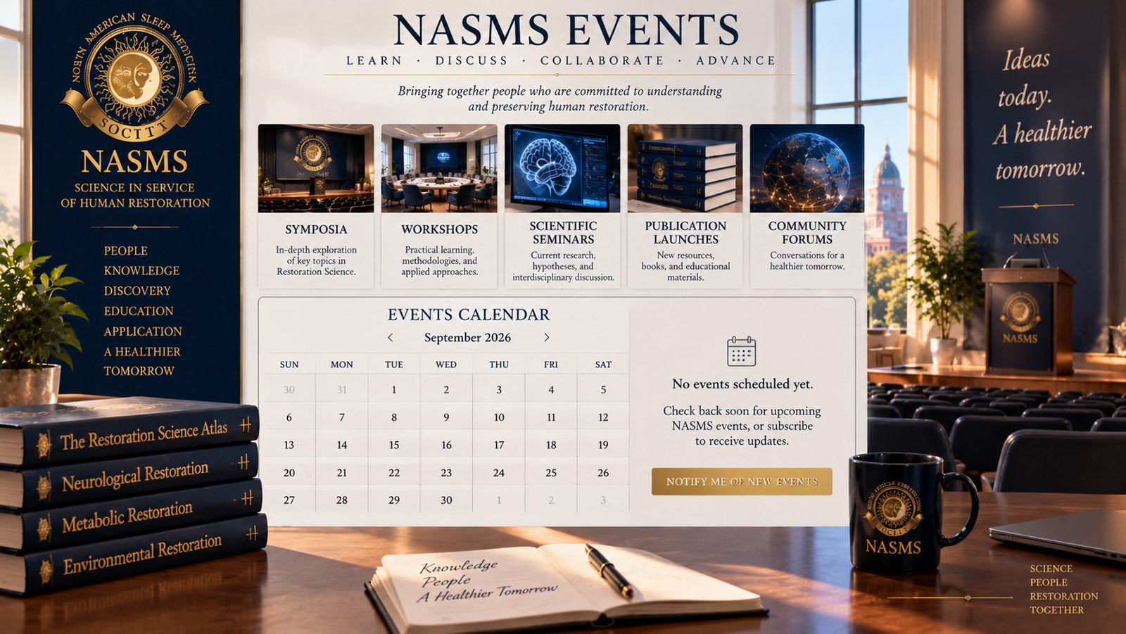 NASMS Events calendar featuring future symposia, workshops, scientific seminars, publication launches, and community forums, with no events currently scheduled.