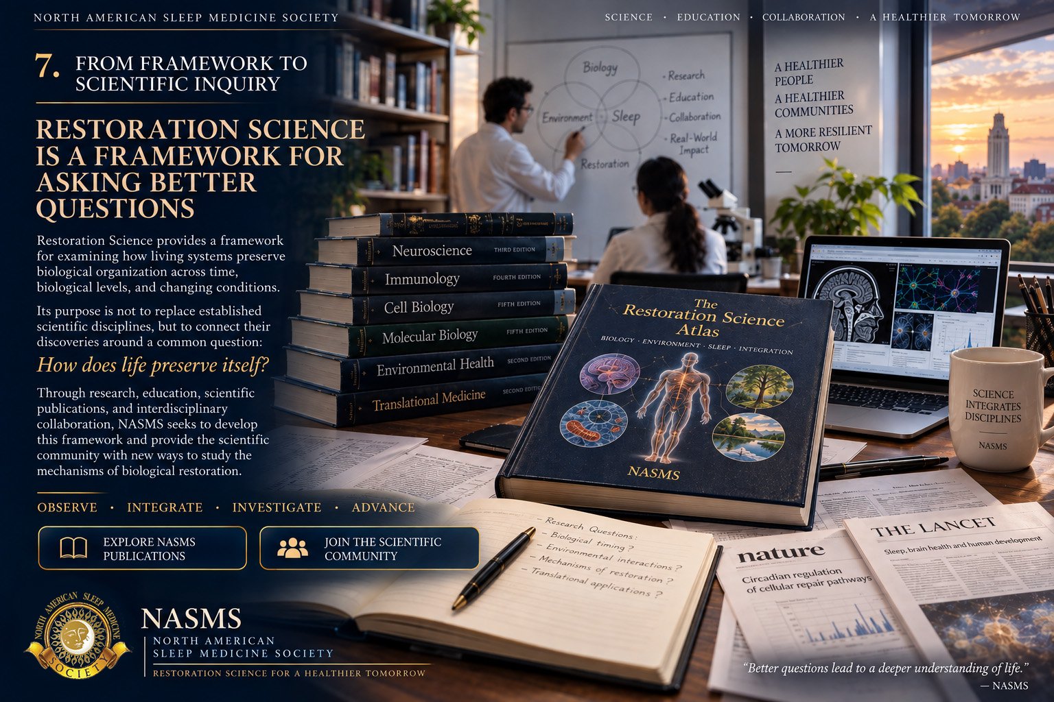 Restoration Science framework connecting biological research, sleep, environment, education, scientific publications, and interdisciplinary inquiry.