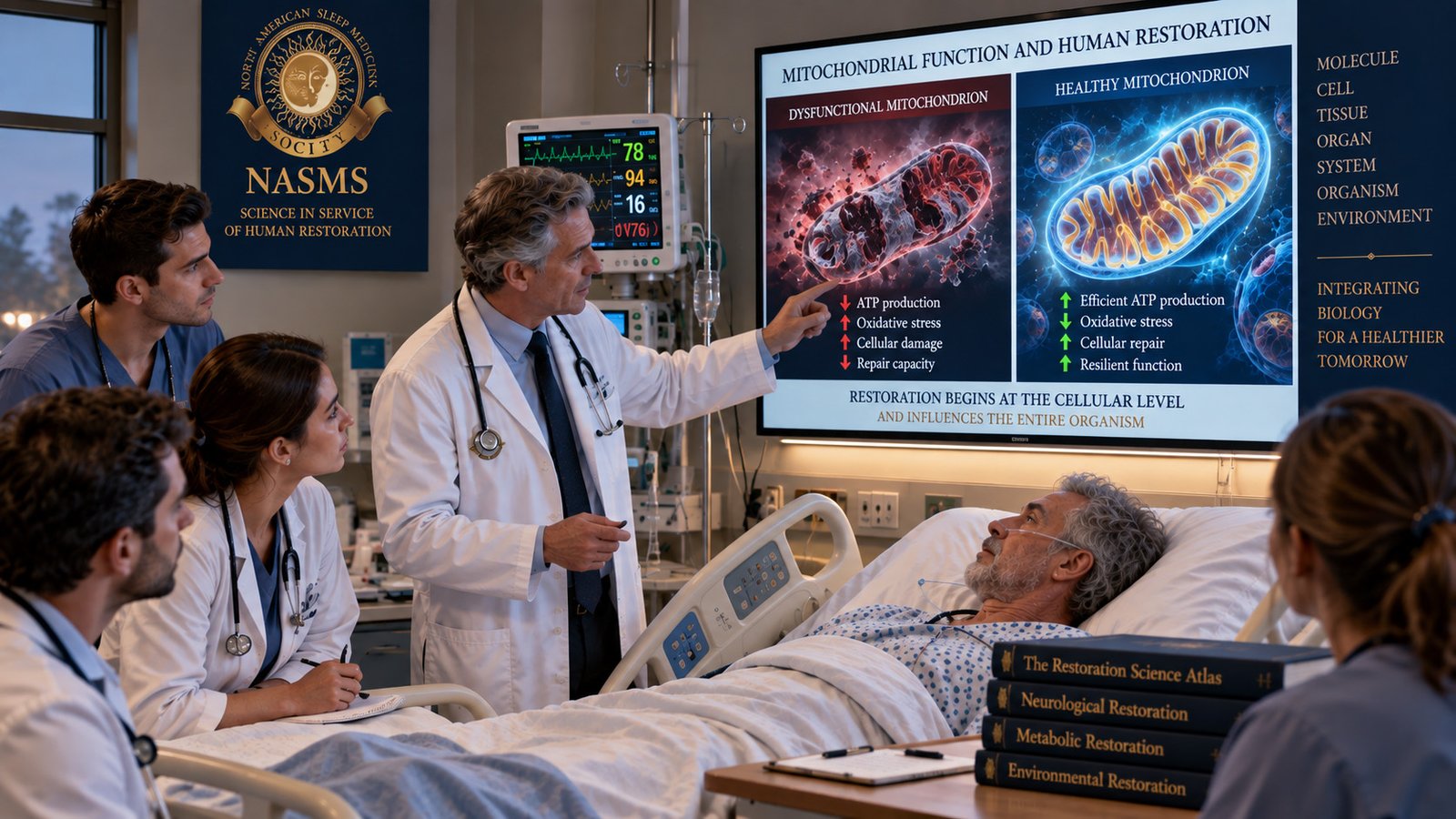 Senior physician teaching a clinical team beside a patient, comparing dysfunctional and healthy mitochondria to illustrate how cellular restoration relates to whole-organism health.