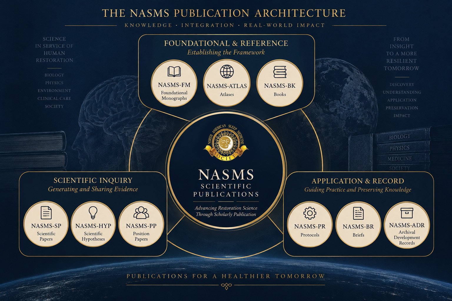 NASMS Scientific Publications architecture organizing Foundational Monographs, Atlases, Books, Scientific Papers, Hypotheses, Position Papers, Protocols, Briefs, and Archival Development Records.