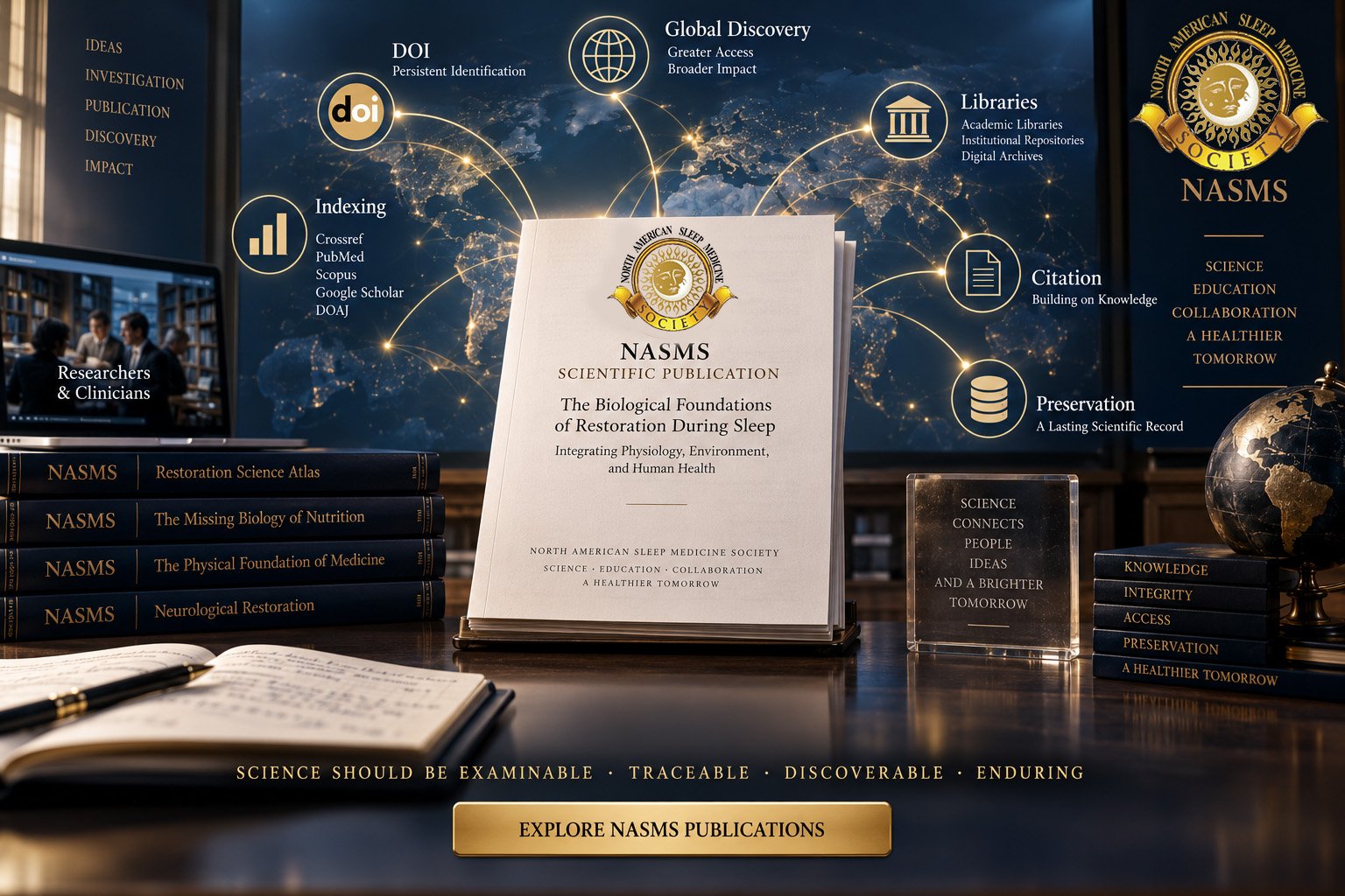 NASMS scientific publication connected to DOI identification, indexing, academic libraries, researchers, citations, global discovery, and long-term preservation of the Restoration Science scholarly record.