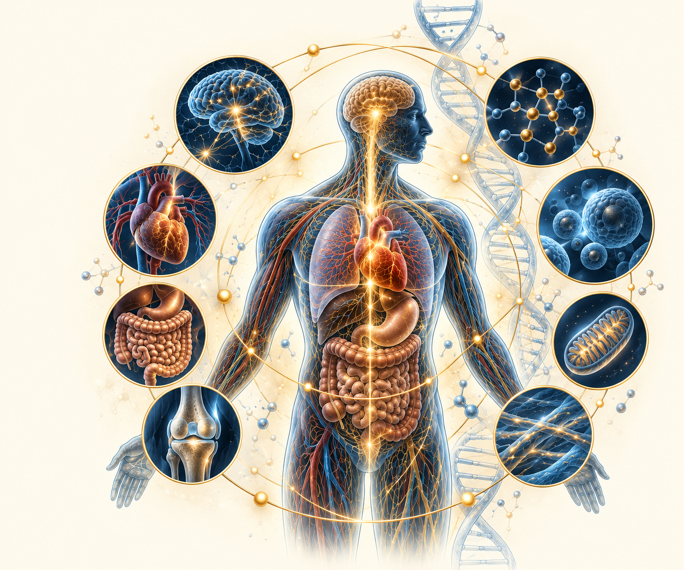 Restoration Science framework illustrating interconnected biological systems, including the brain, nervous system, cardiovascular system, digestive system, cells, mitochondria, DNA, and molecular processes involved in biological restoration.