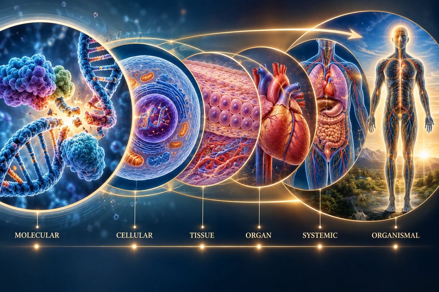 Restoration Science illustration showing biological restoration across molecular, cellular, tissue, organ, systemic, and organismal levels.