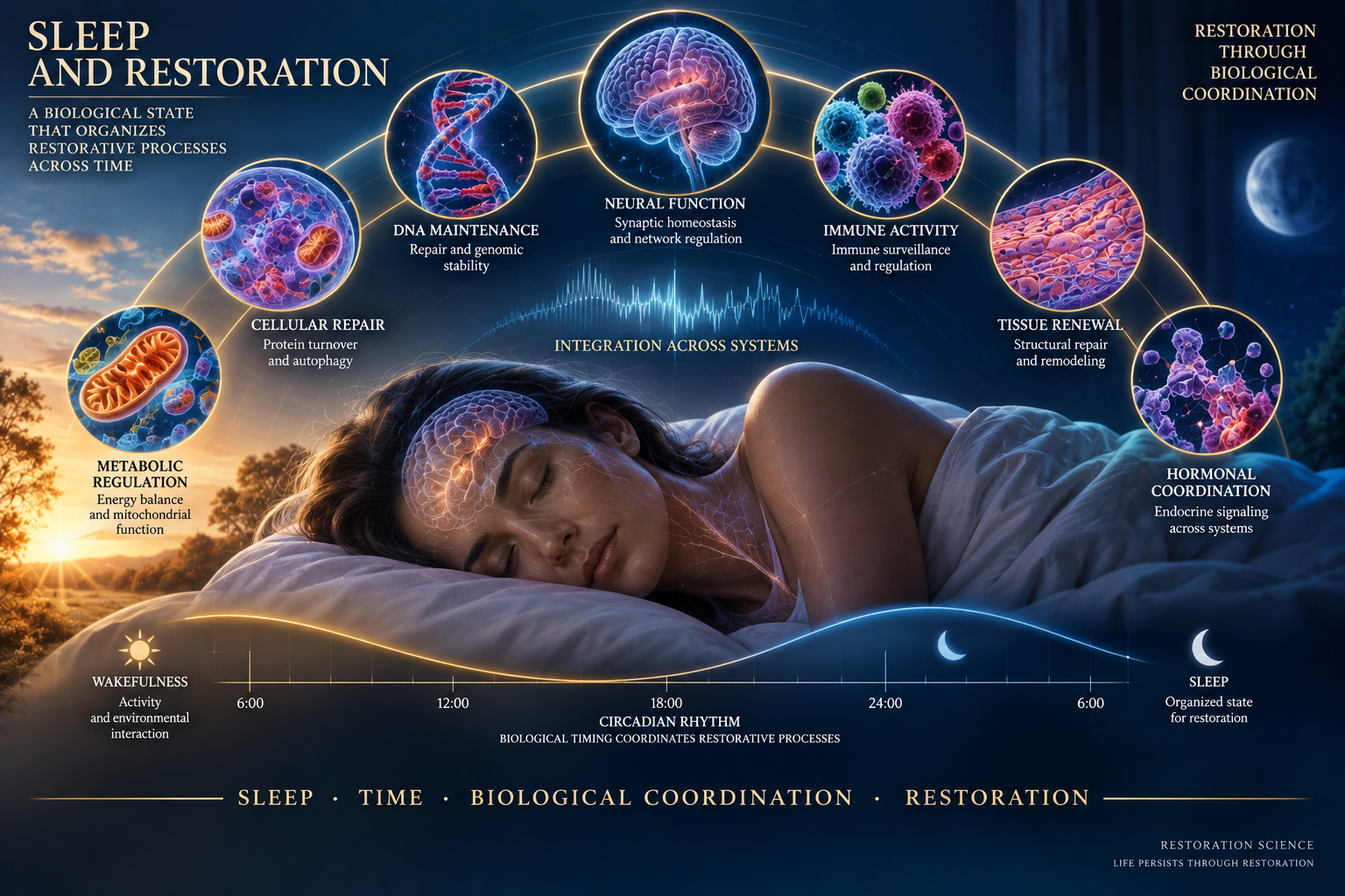 Restoration Science illustration showing sleep as a coordinated biological state involving neural function, DNA maintenance, cellular repair, immune activity, tissue renewal, metabolic regulation, and hormonal coordination.
