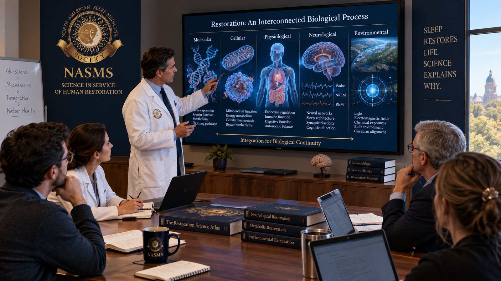 NASMS scientific education seminar illustrating Restoration Science across molecular, cellular, physiological, neurological, sleep, and environmental processes.