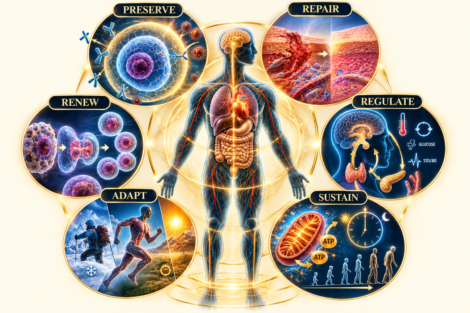 Restoration Science framework illustrating six coordinated biological processes: preserve, repair, renew, regulate, adapt, and sustain.